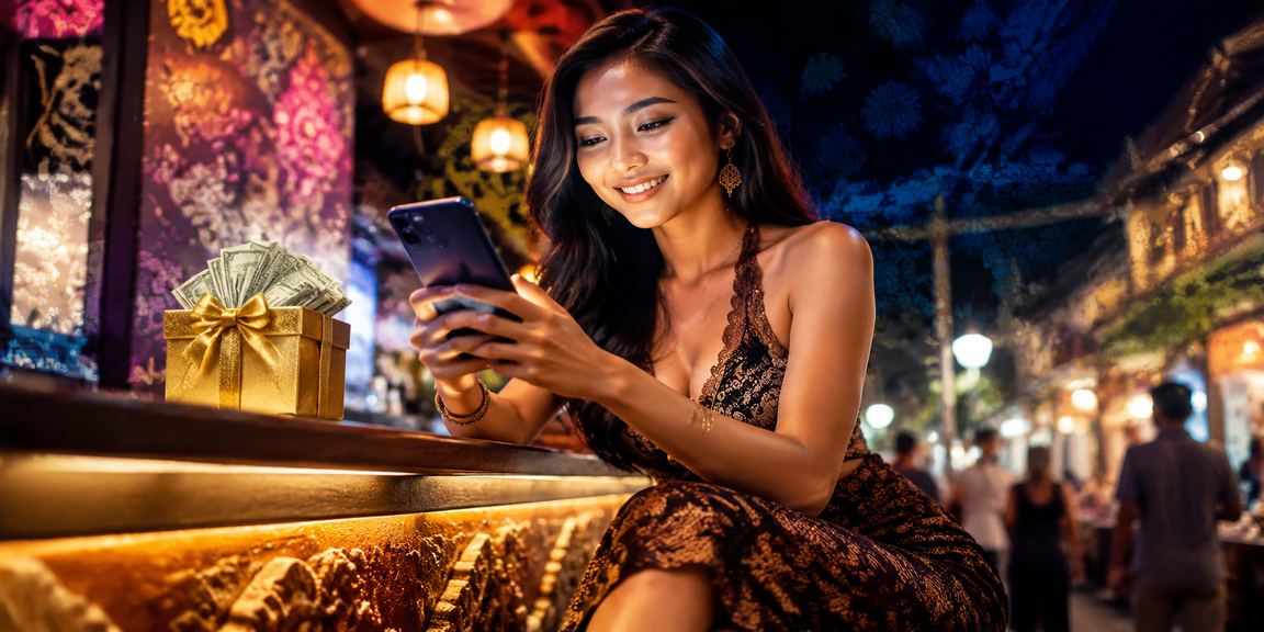 Suasana pasar malam yang meriah dengan pengunjung bermain lotre dan kasino mobile